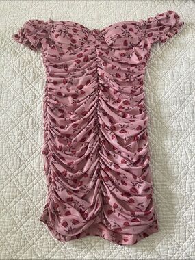 Ruched Off-Shoulder Mini Dress in Rose Floral
